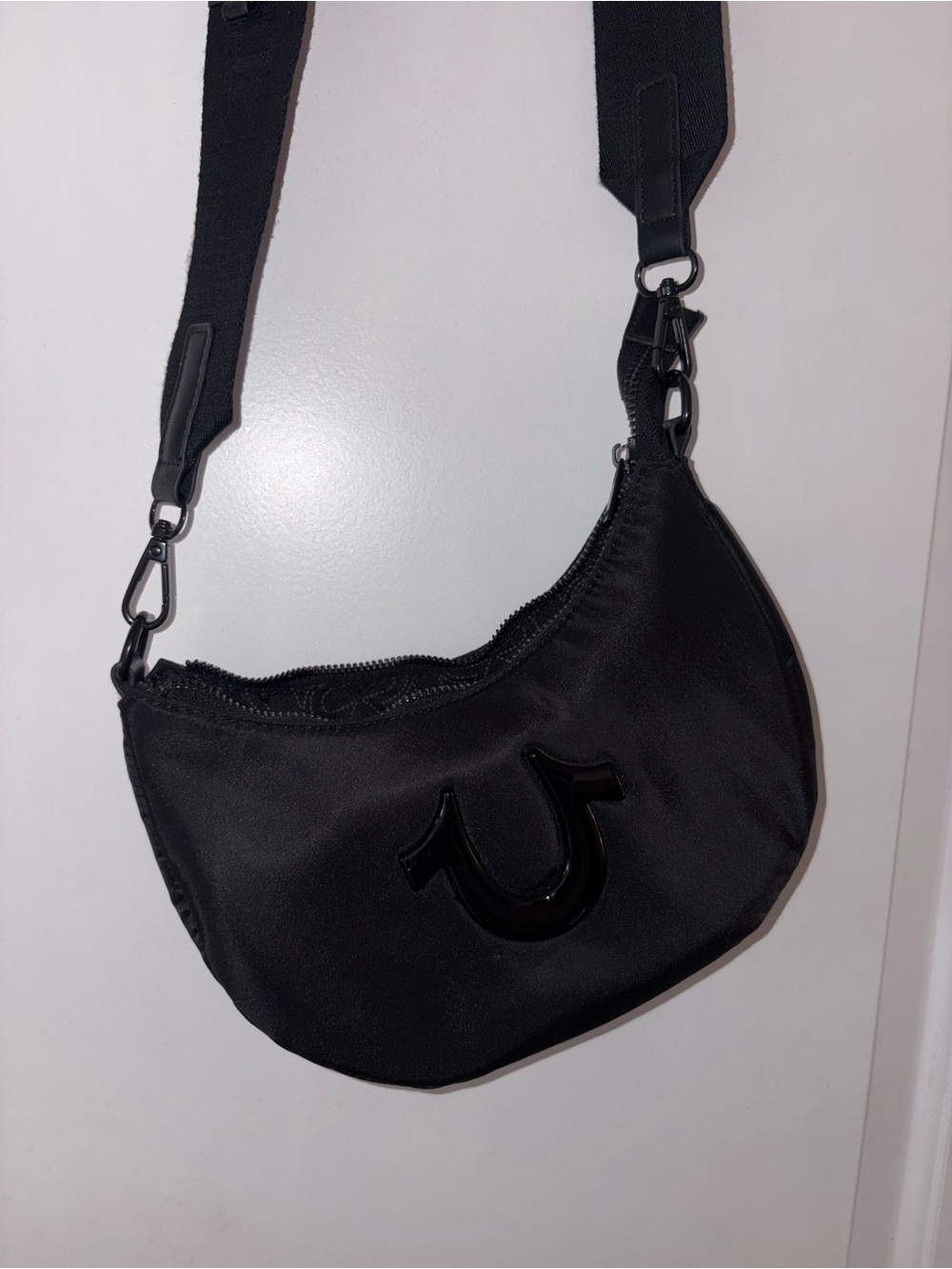 True Religion Black Zip-Top Crossbody Bag with Hook Strap